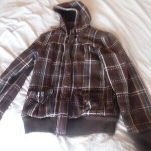 Roxy Brown Plaid Zip Hooded Coat Jacket womens Size Large